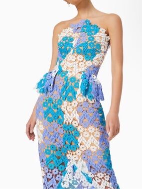 Elliatt Strapless Floral Lace Midi Dress in Blue, Turquoise & White